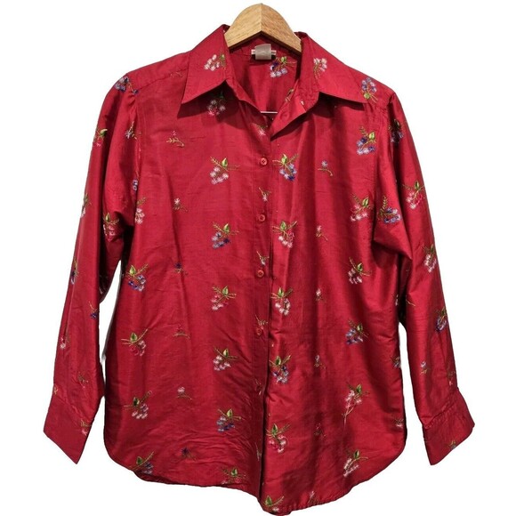 Vtg Neiman Marcus Top Women Red Button Up Shirt Silk Floral Embroidered Small - Picture 1 of 9